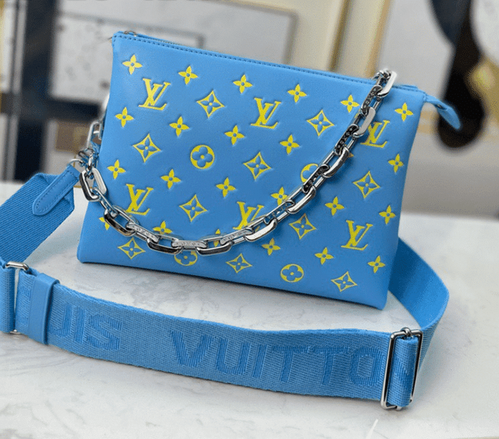 Louis Vuitton Coussin PM Handbag Yellow Monogram Embossed Puffed Sheepskin In Sky Blue