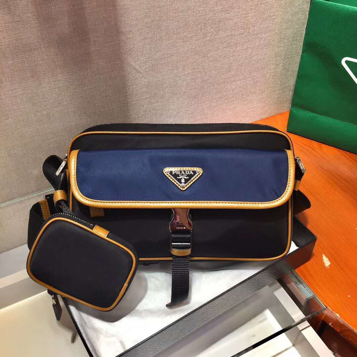 Prada Re-Nylon And Saffiano Leather Camera Bag With Blue/Yellow Flap In Black
