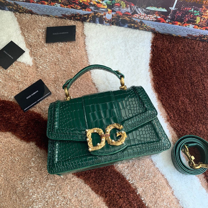 Dolce & Gabbana DG Amore Top Handle Bag Crocodile Leather In Green