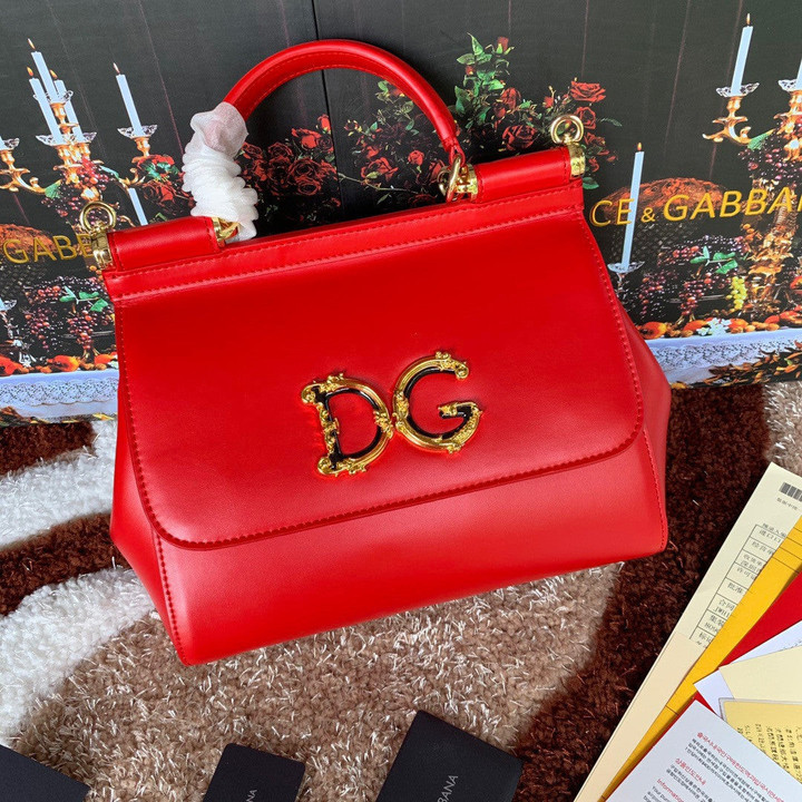 Dolce & Gabbana Small Sicily Gold Logo Handbag Cowhide In Red