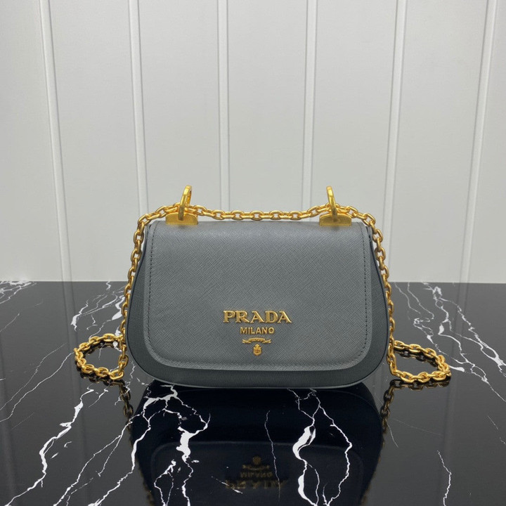Prada Lettering Logo Chain Shoulder Bag Leather In Gray
