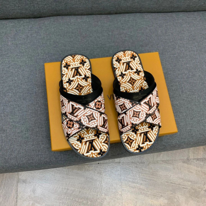 Louis Vuitton Monogram Cross Strap Slippers In White And Beige