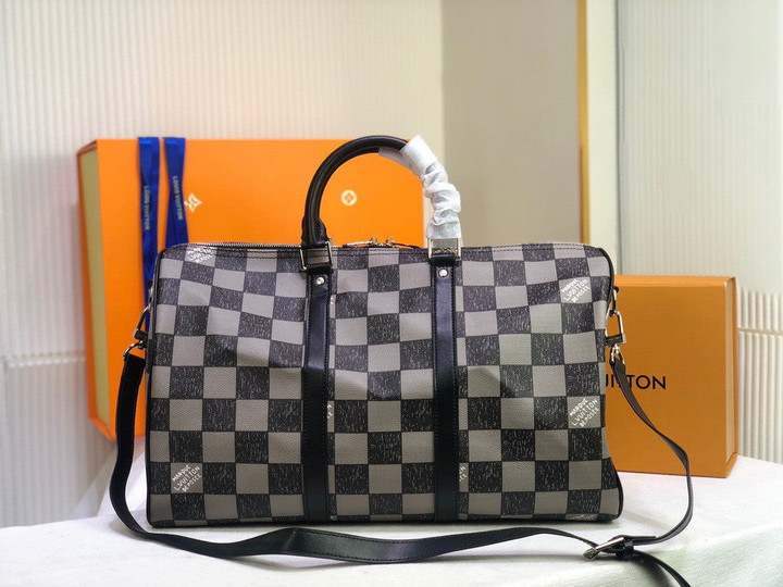 Louis Vuitton Keepall Bandoulière 45 Bag Damier Checkerboard Leather In Black/Gray