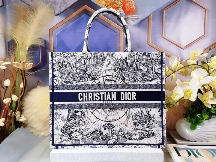 Large Dior Book Tote Bag In Blue Dior Around The World Embroidery