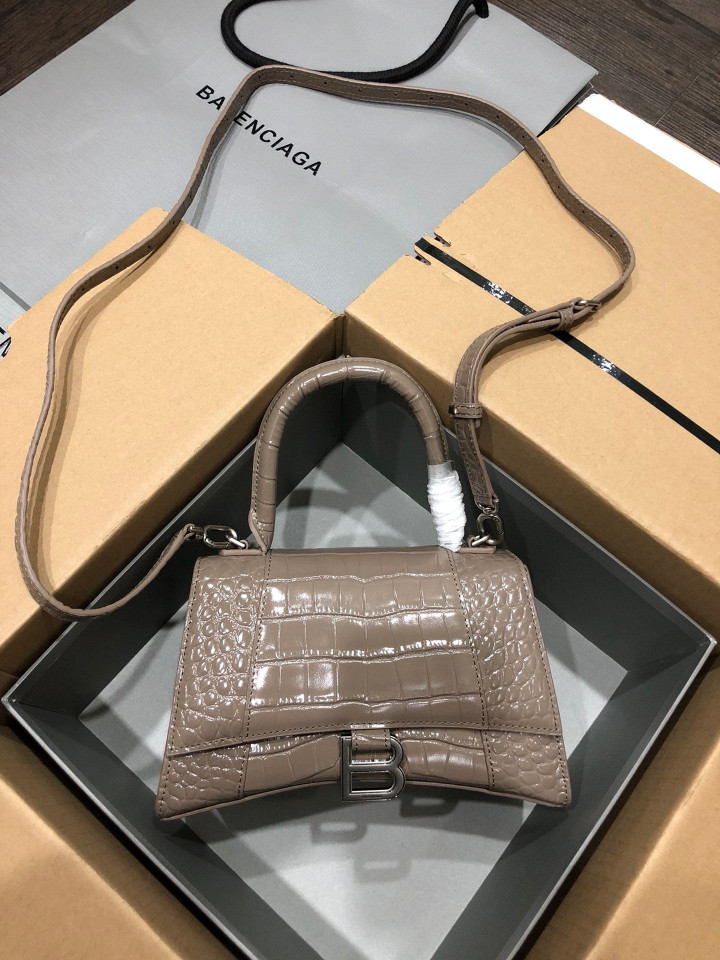 Balenciaga Hourglass Small Top Handle Bag Crocodile Leather In Taupe