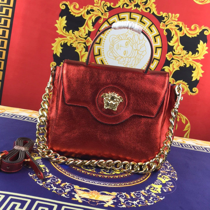 Versace La Medusa Medium Chain Handbag Leather In Metallic Red