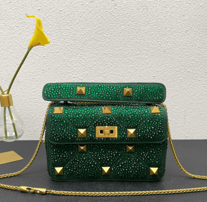 Valentino Garavani Roman Stud Medium Chain Bag With Sparkling Embroidery In Green