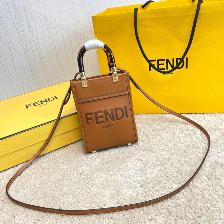 Fendi Sunshine Mini Shopper Bag Leather In Brown