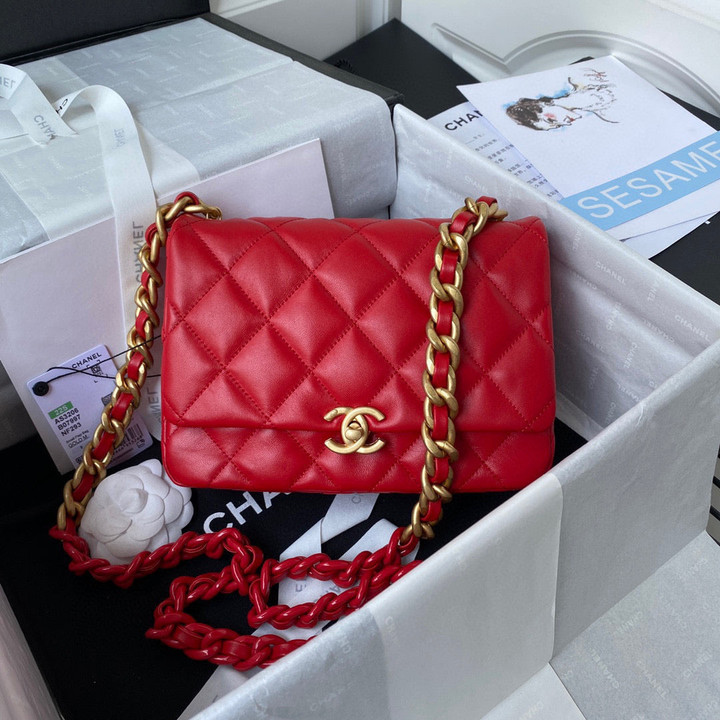Chanel Small Flap Bag Lambskin Gold-Tone Metal In Red