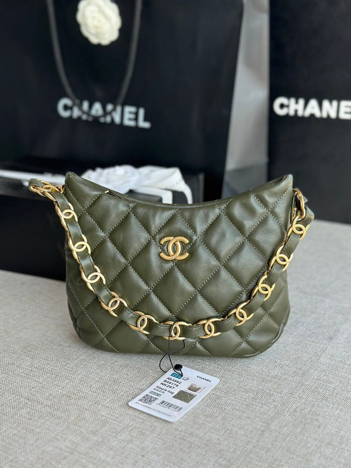 Chanel Hobo Style Handbag In Olive Lambskin
