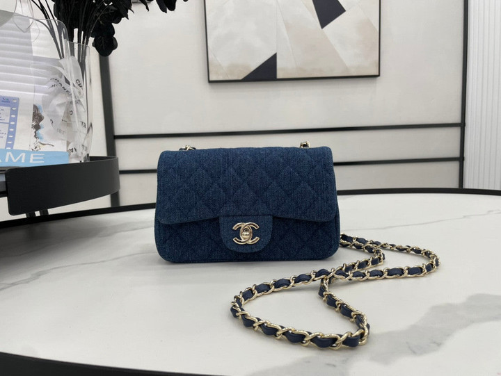 Chanel Classic Handbag In Printed Denim Dark Blue