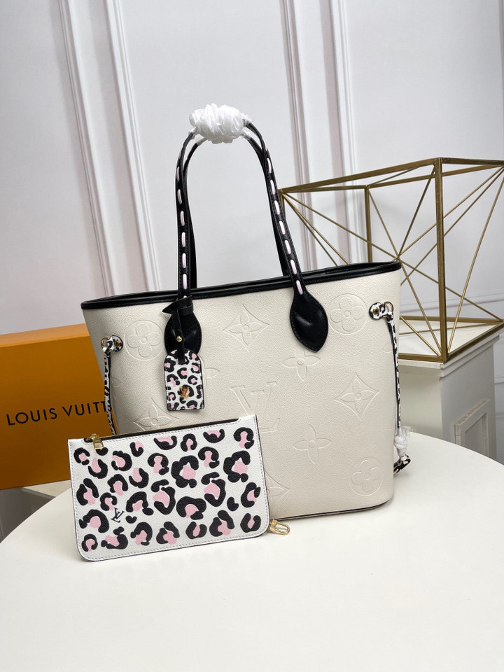 Louis Vuitton Neverfull MM Handbag Monogram Embossed And Leopard Print In White