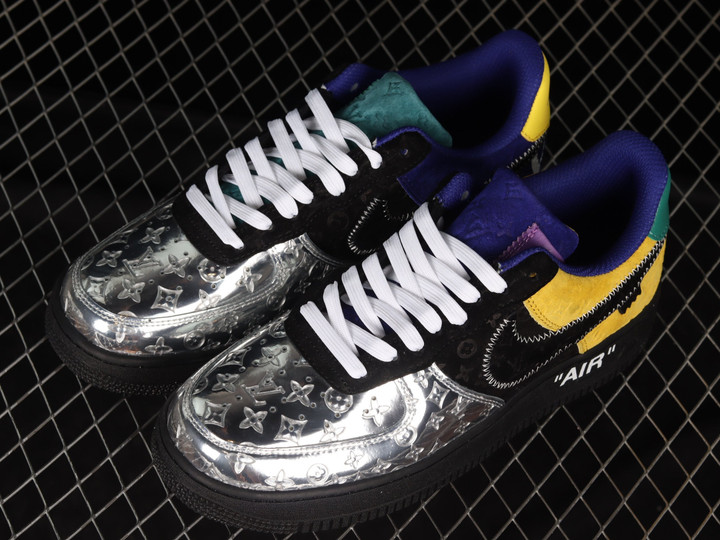 Louis Vuitton x Nike Air Force 1 Low Metallic Silver Black Yellow Shoes Sneakers