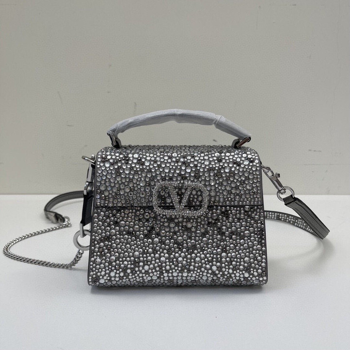 Valentino Garavani Vsling Mini Handbag With Sparkling Embroidery In Gray