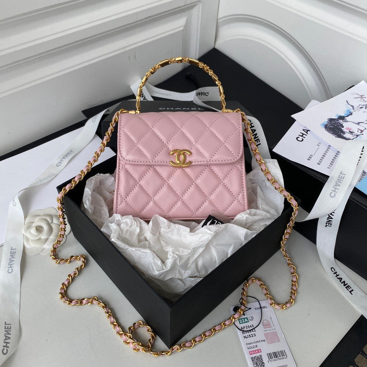 Chanel Small Clutch With Chain Bag Unique Top Handle Leather In Pink