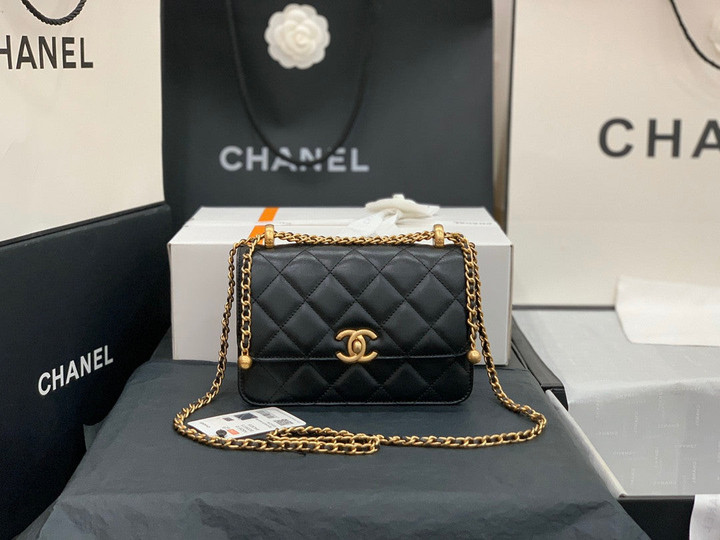 Chanel Shoulder Bag Double Gold Ball Chain In Black