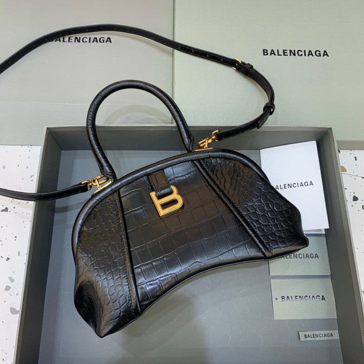 Balenciaga Frame Small Shoulder Bag Crocodile Pattern Leather In Black