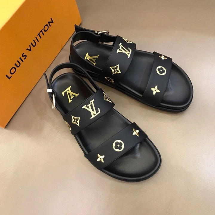 Louis Vuitton Monogram Two Straps Black Slide Sandals