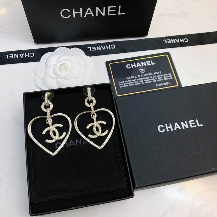 Chanel Gold Metal Crystal Heart CC Logo Earrings