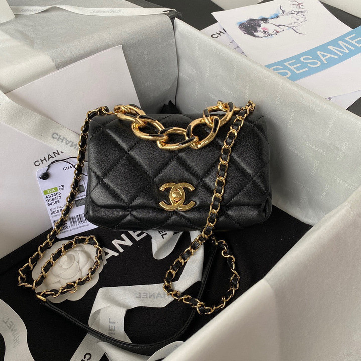 Chanel Classic Rhombus Mini Flap Bag Elegant Chain Leather In Black
