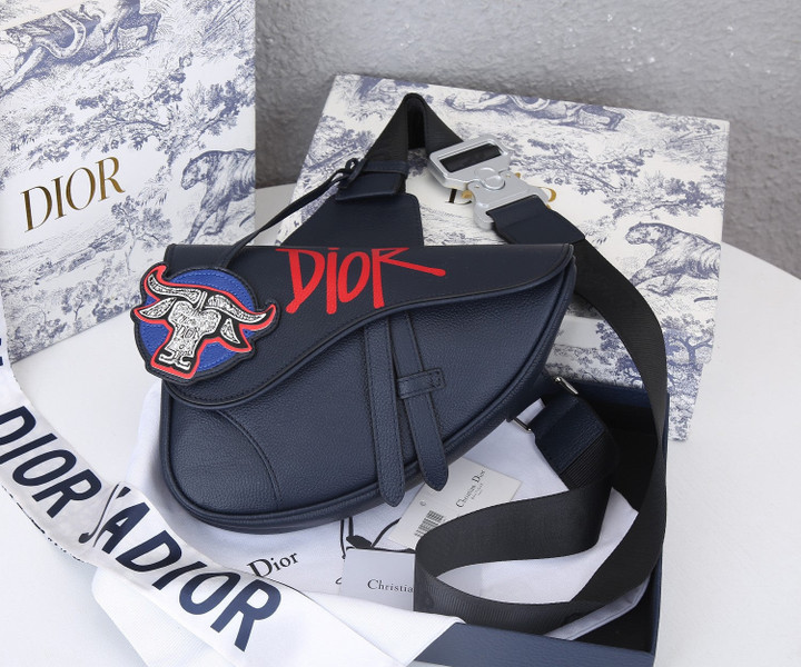 Dior Bull's Head Saddle Bag Calfskin Leather In Navy