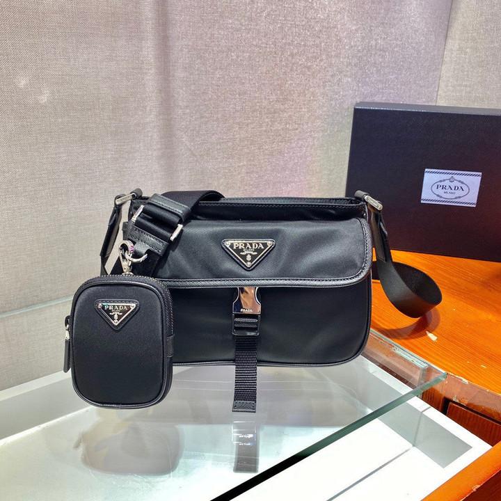 Prada Re-Nylon And Saffiano Leather Bag With Removable Pouch In Black