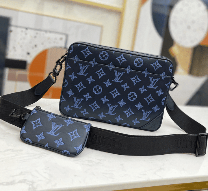 Louis Vuitton Duo Messenger Bag Blue Monogram Embossed Cowhide In Black