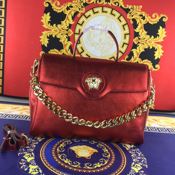 Versace La Medusa Large Chain Handbag Leather In Metallic Red
