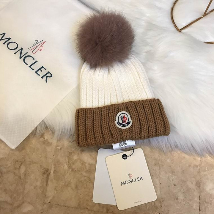 Moncler Logo Wool Knit Pom Pom Beanie In White/Brown