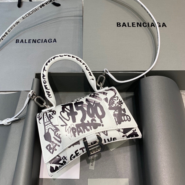 Balenciaga Hourglass XS Graffiti Top Handle Bag In White