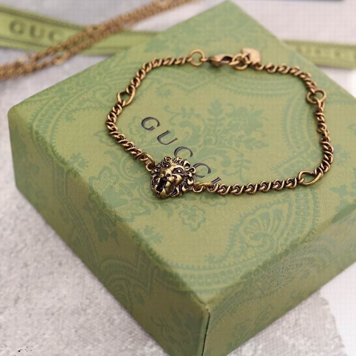Gucci Lion Head Bracelet In Aged Gold Finish Metal