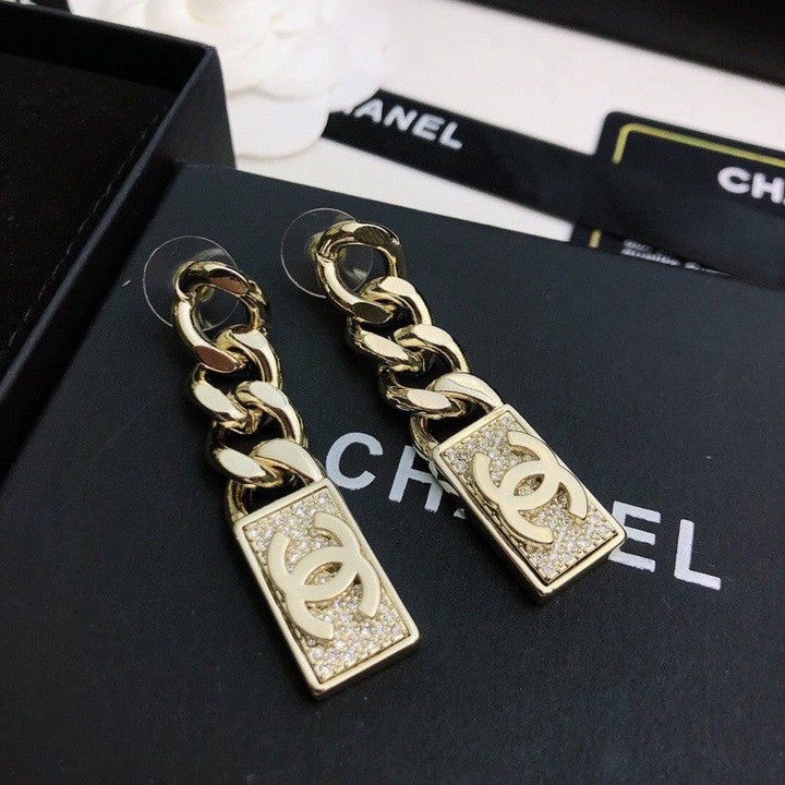 Chanel Gold Crystal Metal Strass Earrings With Rectangle Logo Tag