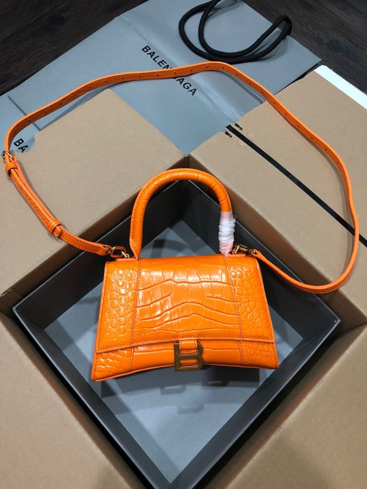 Balenciaga Hourglass Small Top Handle Bag Crocodile Leather In Orange