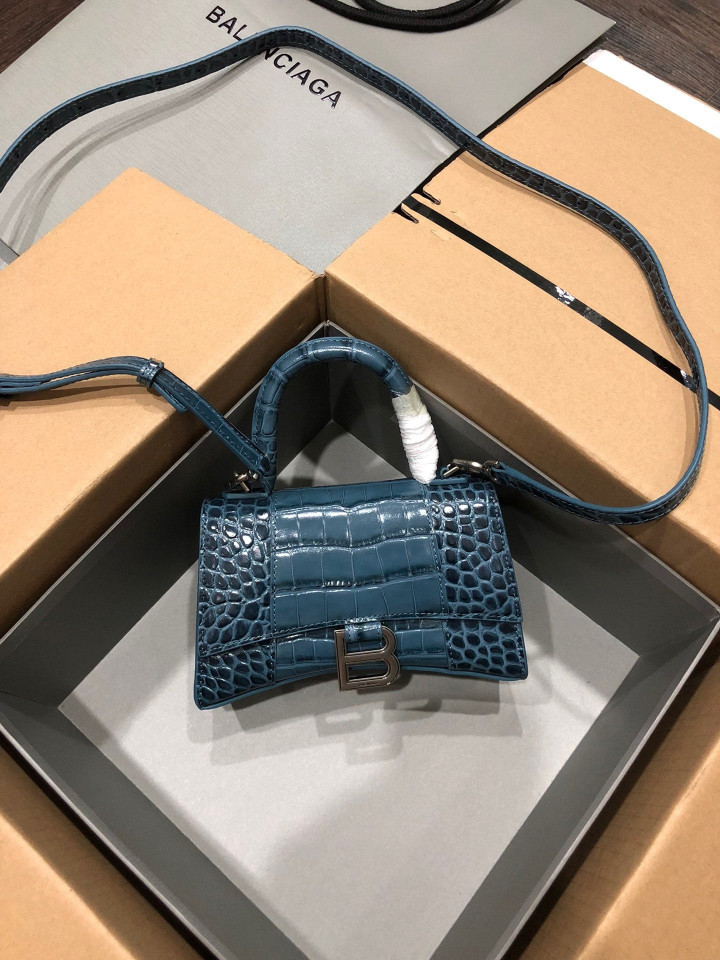 Balenciaga Hourglass XS Top Handle Bag Crocodile Leather In Blue Teal