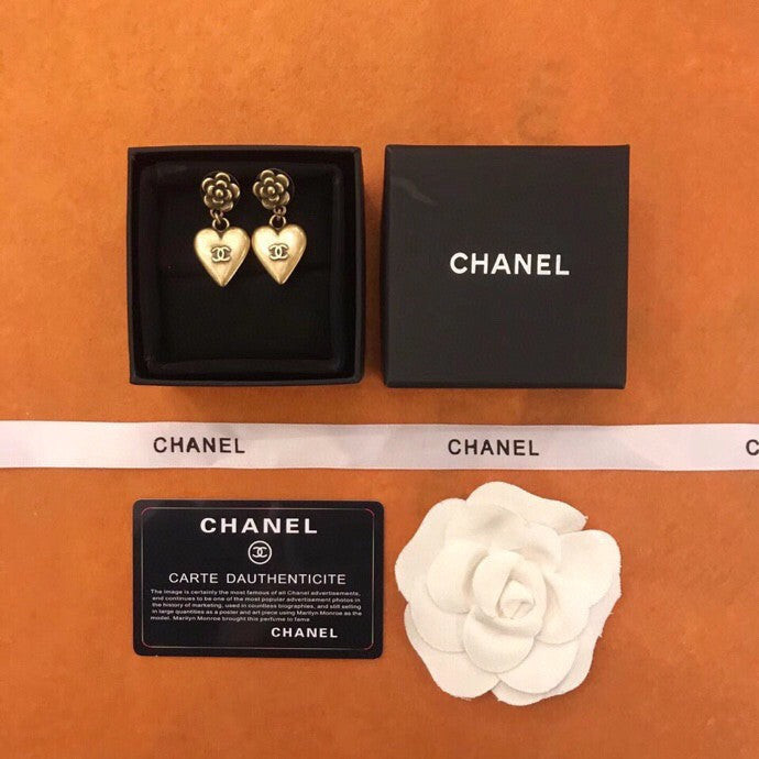 Chanel Gold Metal Heart CC And Camellia Dangle Earrings