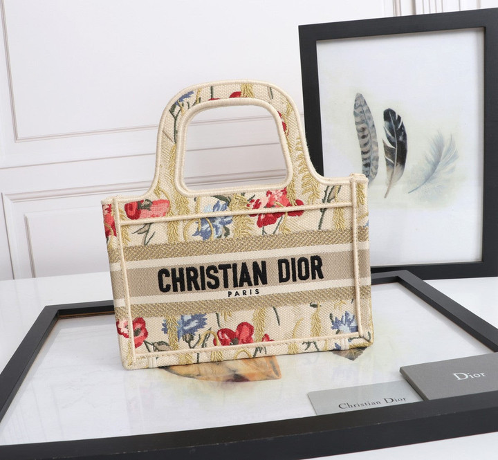 Christian Dior Mini Book Tote Bag In Beige Multicolor Hibiscus Embroidery