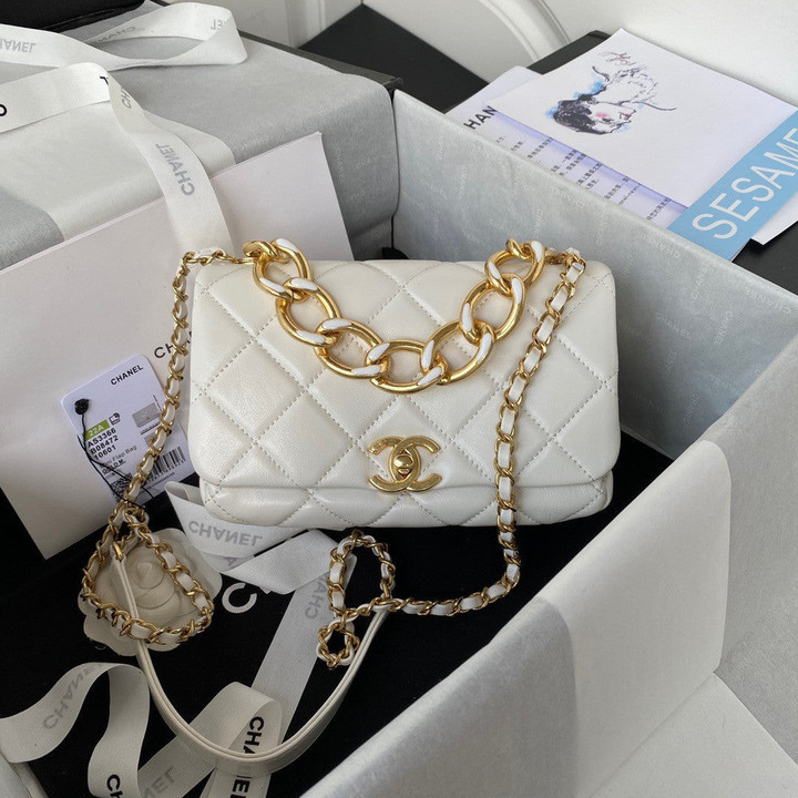 Chanel Classic Rhombus Small Flap Bag Elegant Chain Leather In White