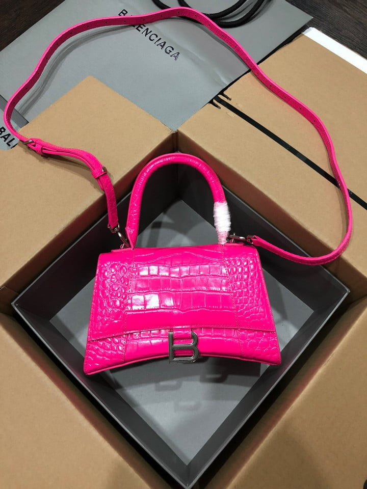Balenciaga Hourglass Small Top Handle Bag Crocodile Leather In Neon Pink