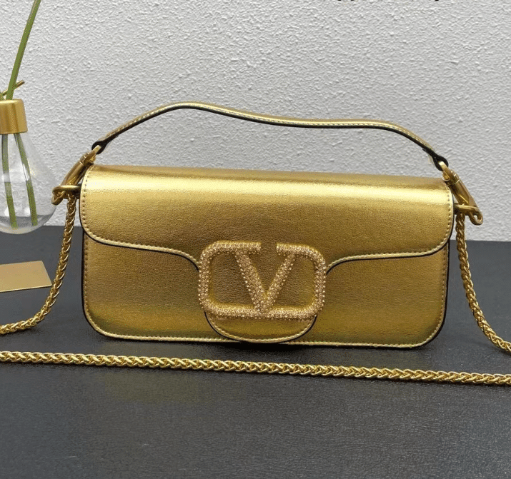 Valentino Garavani Locò Shoulder Bag Crystal-Embellished VLogo Leather In Gold