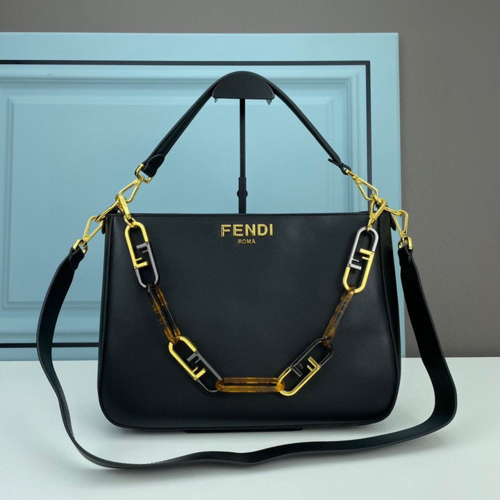 Fendi O'Lock Zip Shoulder Bag Leather In Black