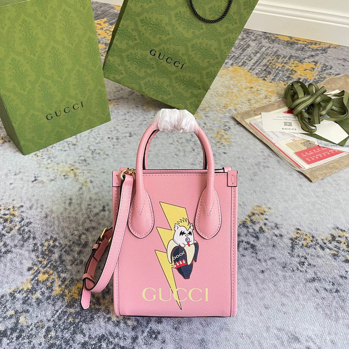 Gucci Bananya Print Mini Tote Bag Leather In Pink
