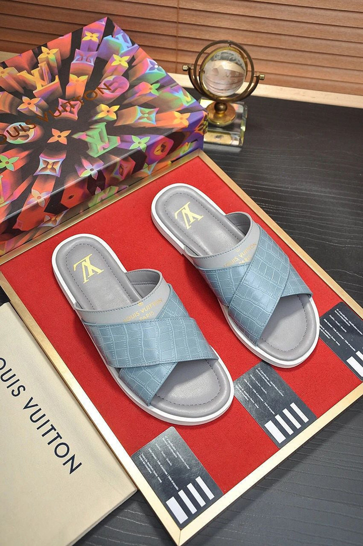 Louis Vuitton Foch Mule Slides In Light Blue And Gray