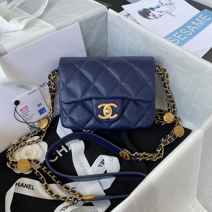 Chanel Mini Flap Bag Gold Coin Chain Grain Cowhide In Navy