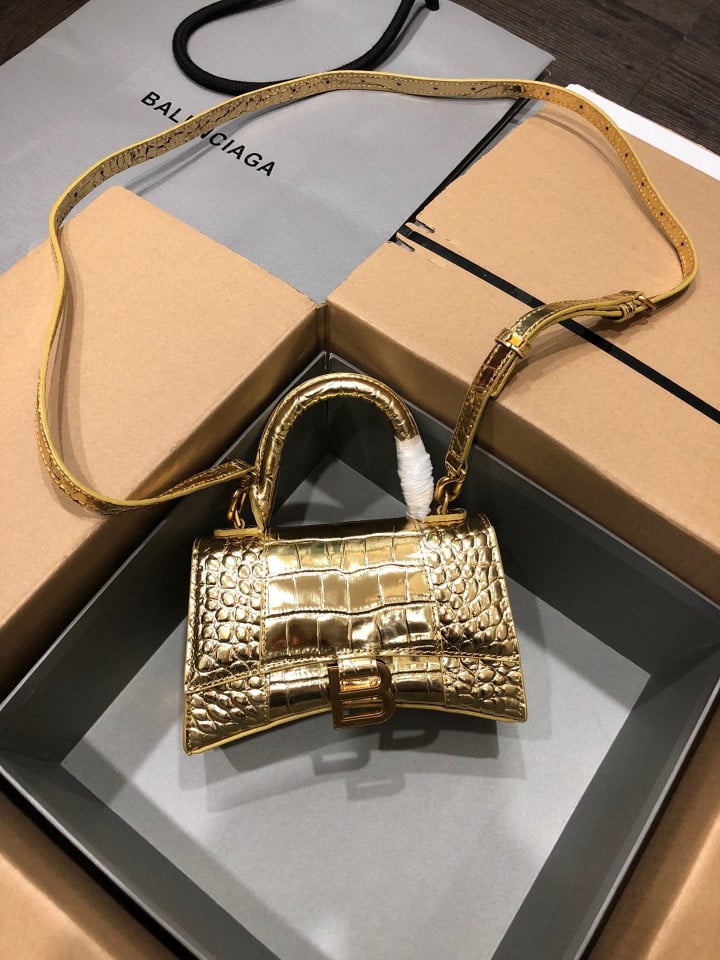Balenciaga Hourglass XS Top Handle Bag Crocodile Leather In Gold