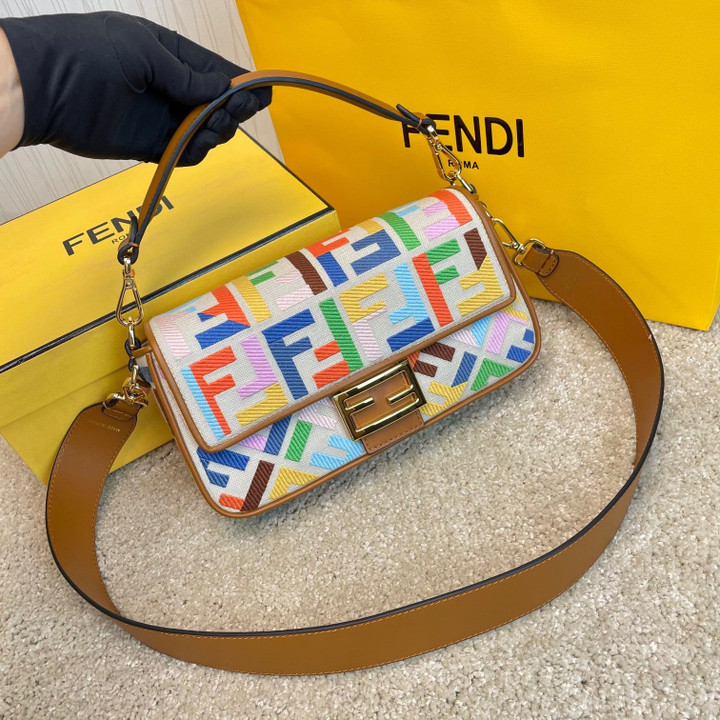 Fendi Baguette Medium Bag Colorful FF Motif Embroidery Canvas In Ivory