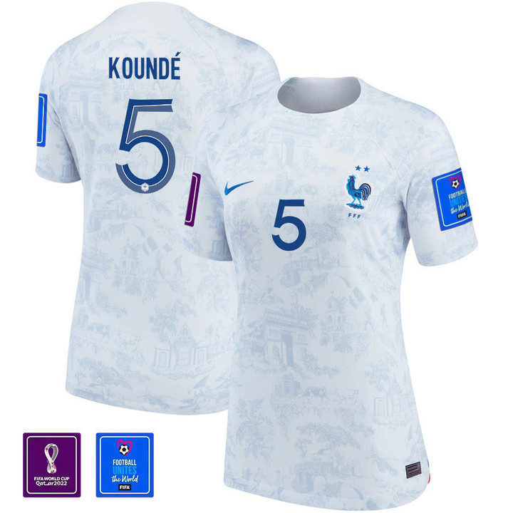 Jules Koundé #5 France National Team FIFA World Cup Qatar 2022 Patch Away Women Jersey