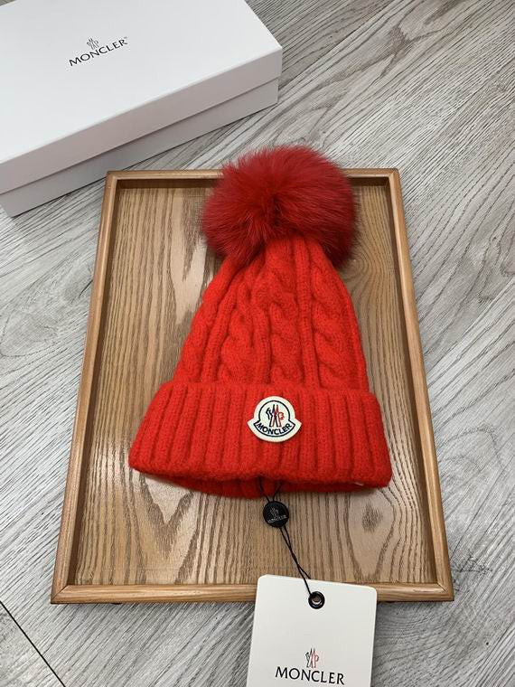 Moncler Logo Cable Knit Pom Pom Beanie In Red