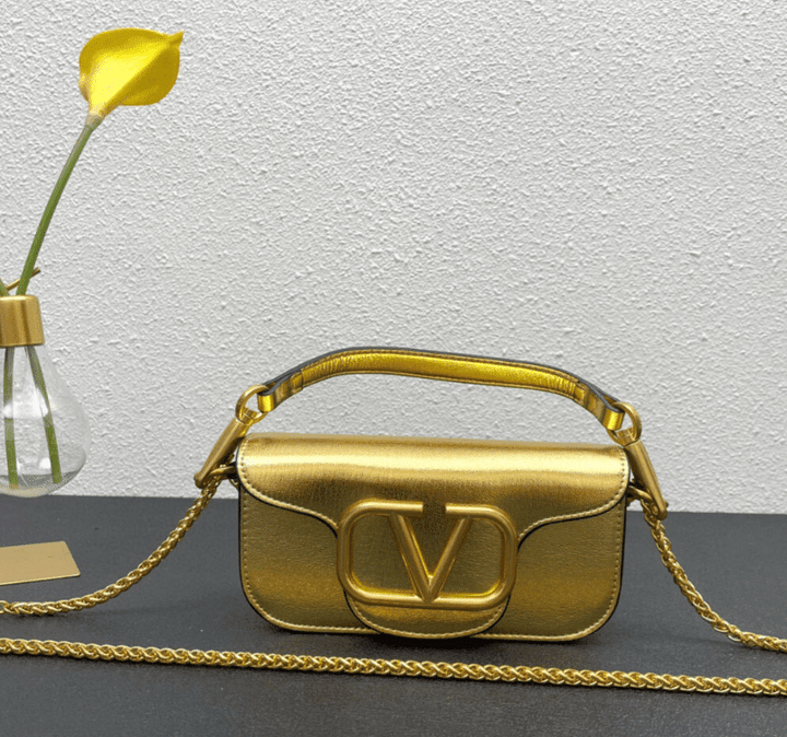 Valentino Garavani Locò Small Shoulder Bag VLogo Signature Calfskin In Gold