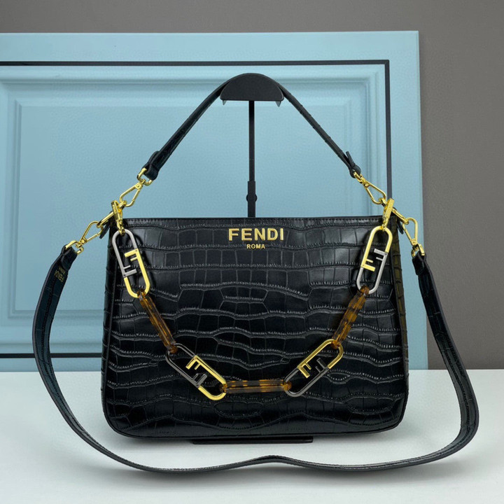 Fendi O'Lock Zip Shoulder Bag Crocodile Leather In Black