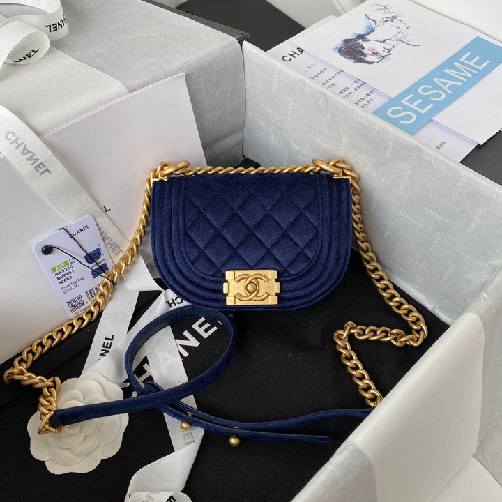 Chanel Boy Mini Messenger Bag Velvet In Navy